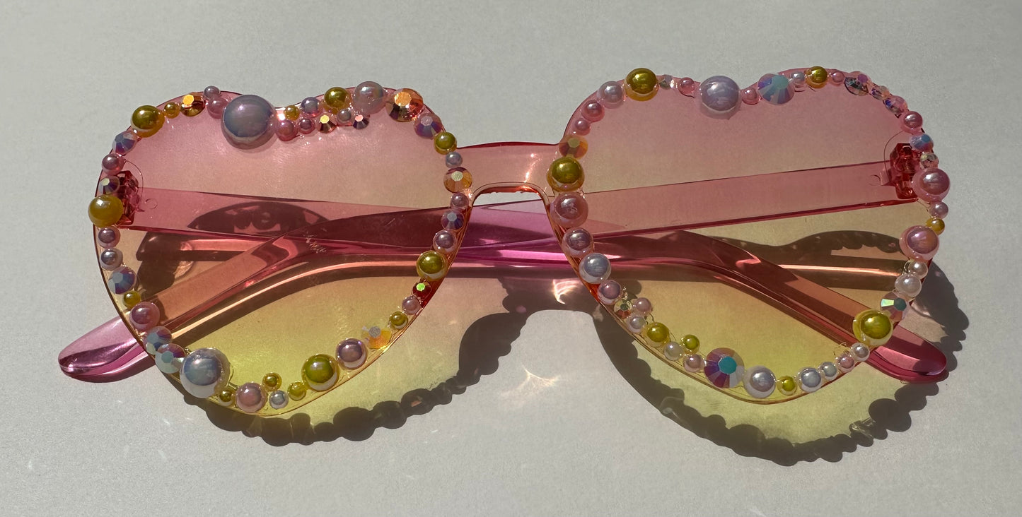 Ombré Heart Sunglasses (pink/yellow) with Multicoloured Gems