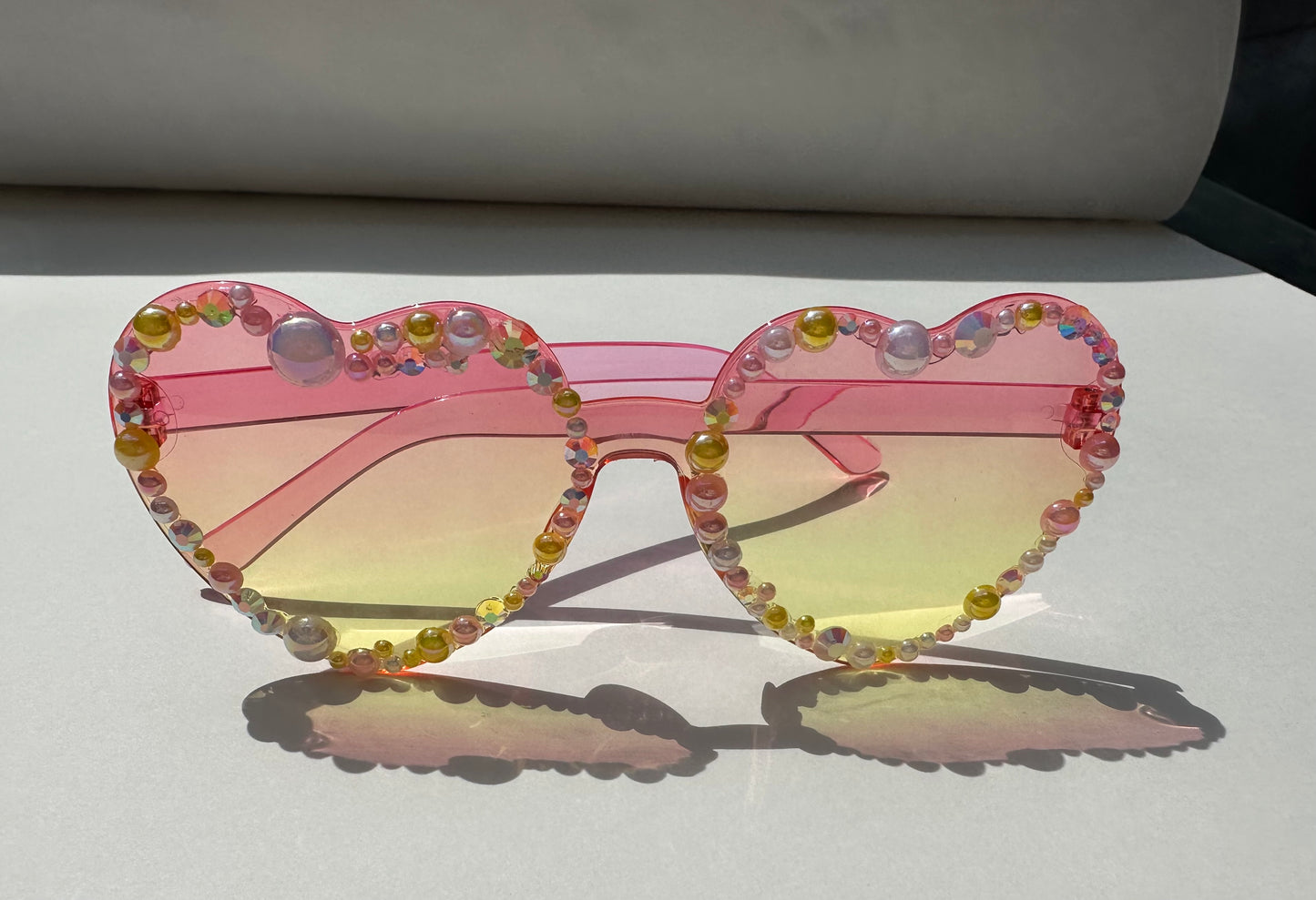 Ombré Heart Sunglasses (pink/yellow) with Multicoloured Gems