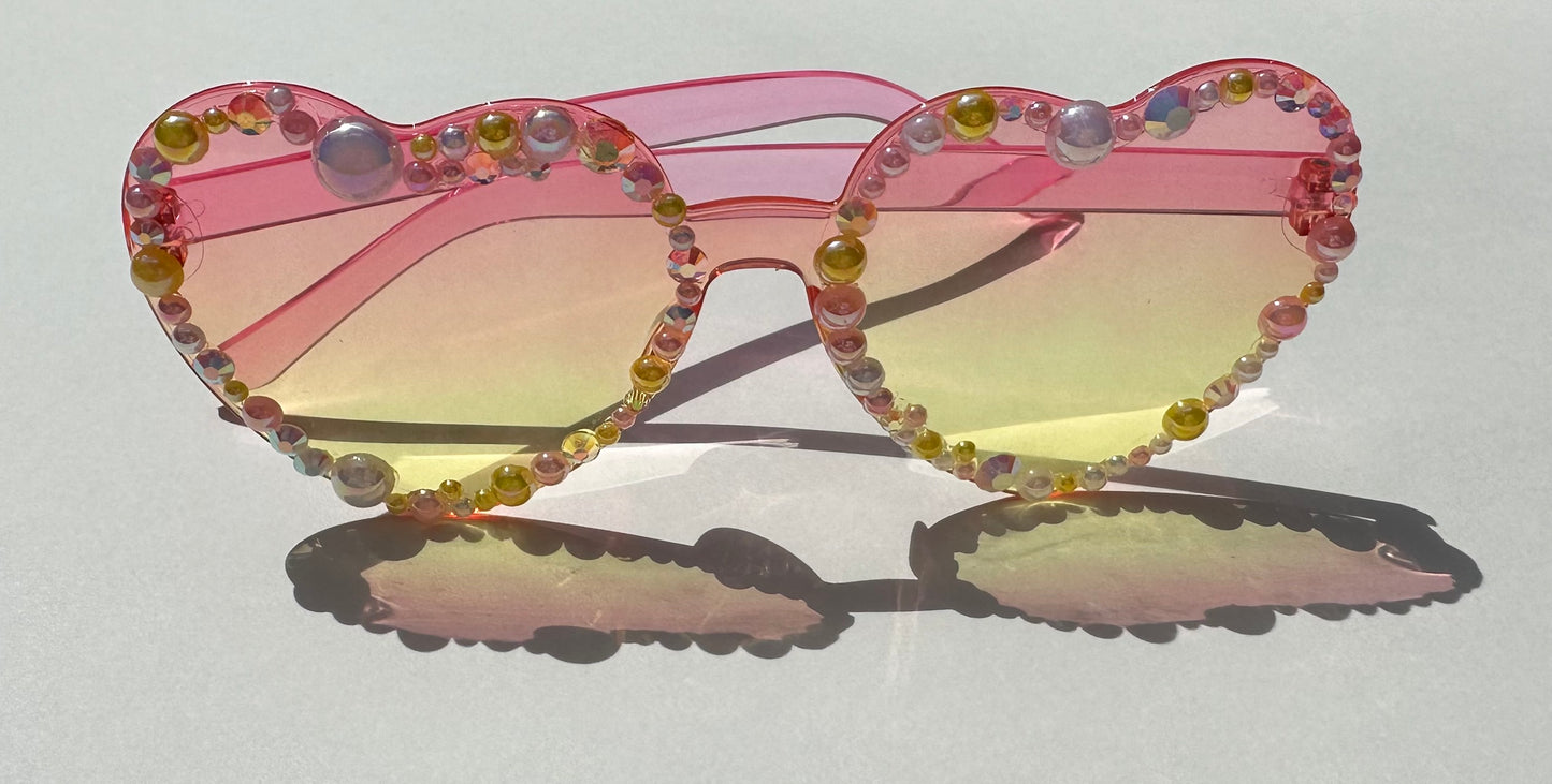 Ombré Heart Sunglasses (pink/yellow) with Multicoloured Gems