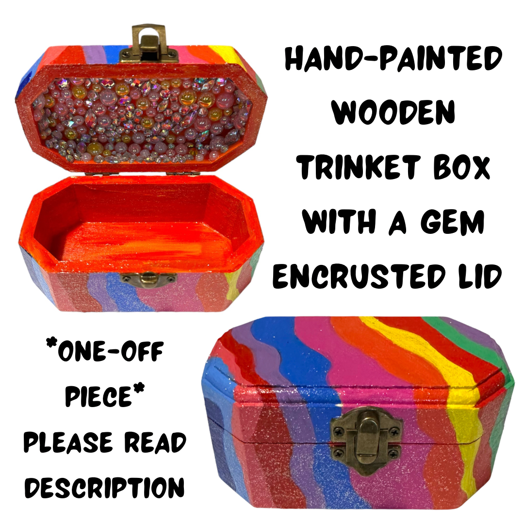 Hand-painted Wooden Trinket Box with Gem Encrusted Inside Lid