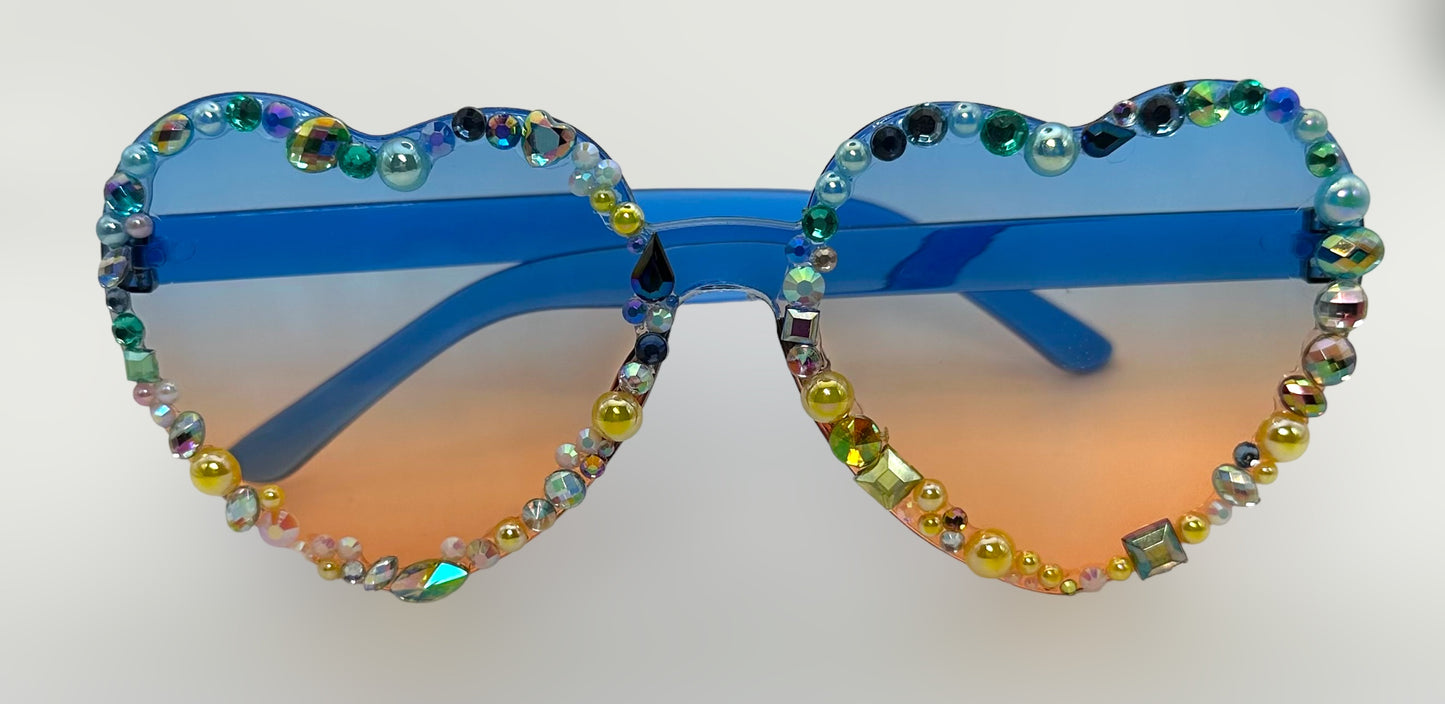 Ombré Heart Shaped Sunglasses (Blue - Orange) with Hand Glued Gems