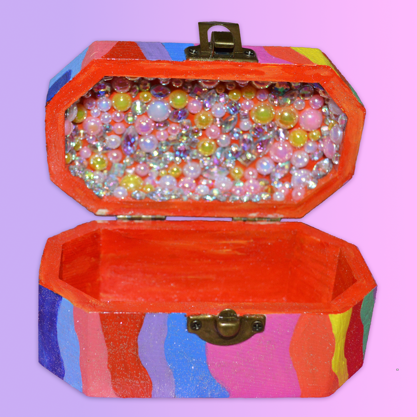 Hand-painted Wooden Trinket Box with Gem Encrusted Inside Lid